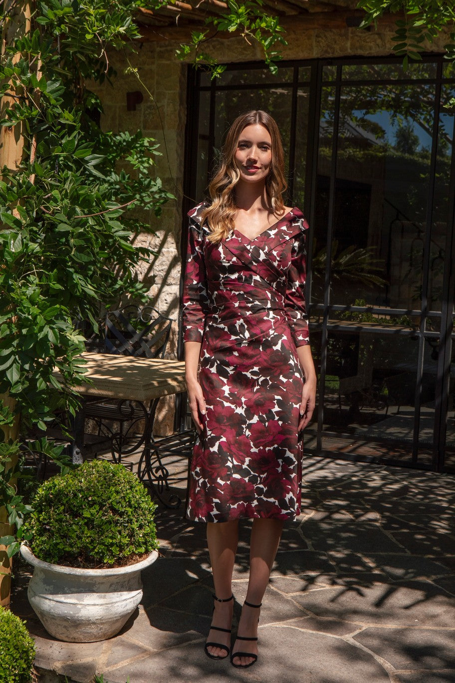Bombshell Chic Edge Of the Shoulder Dress in Burgundy Roses – Aureva