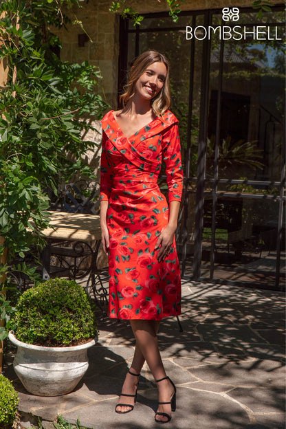 Bombshell Dress Chic Edge Of the Shoulder Dress in Red Roses
