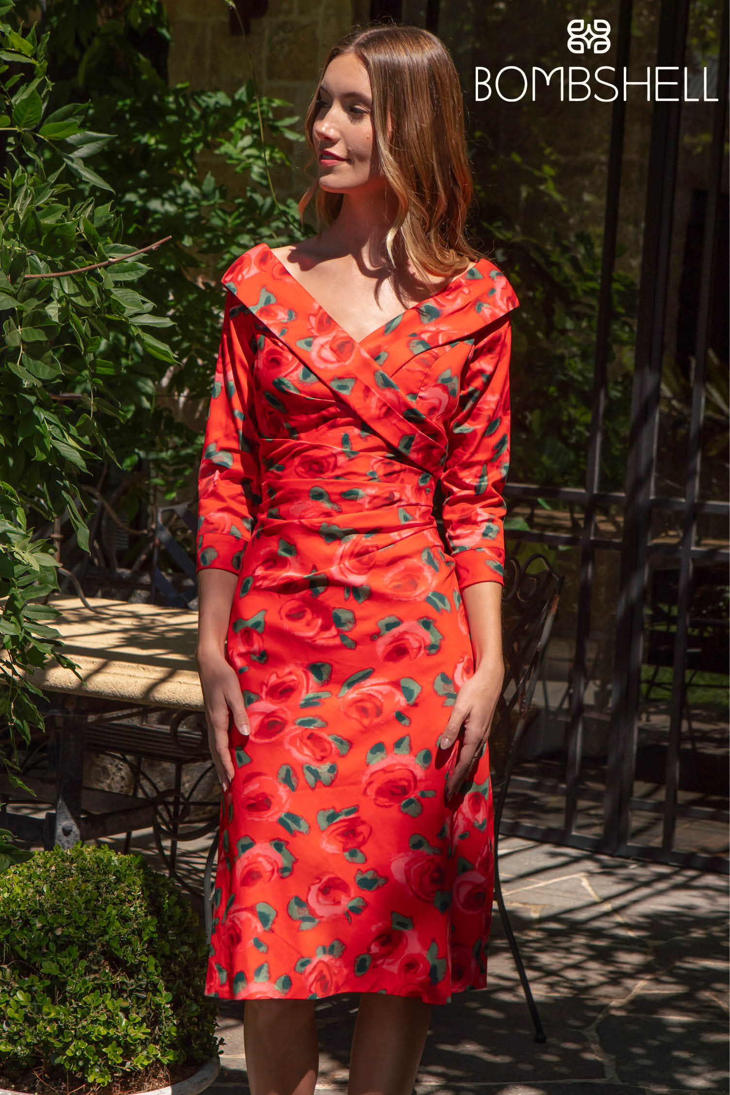 Bombshell Dress Chic Edge Of the Shoulder Dress in Red Roses