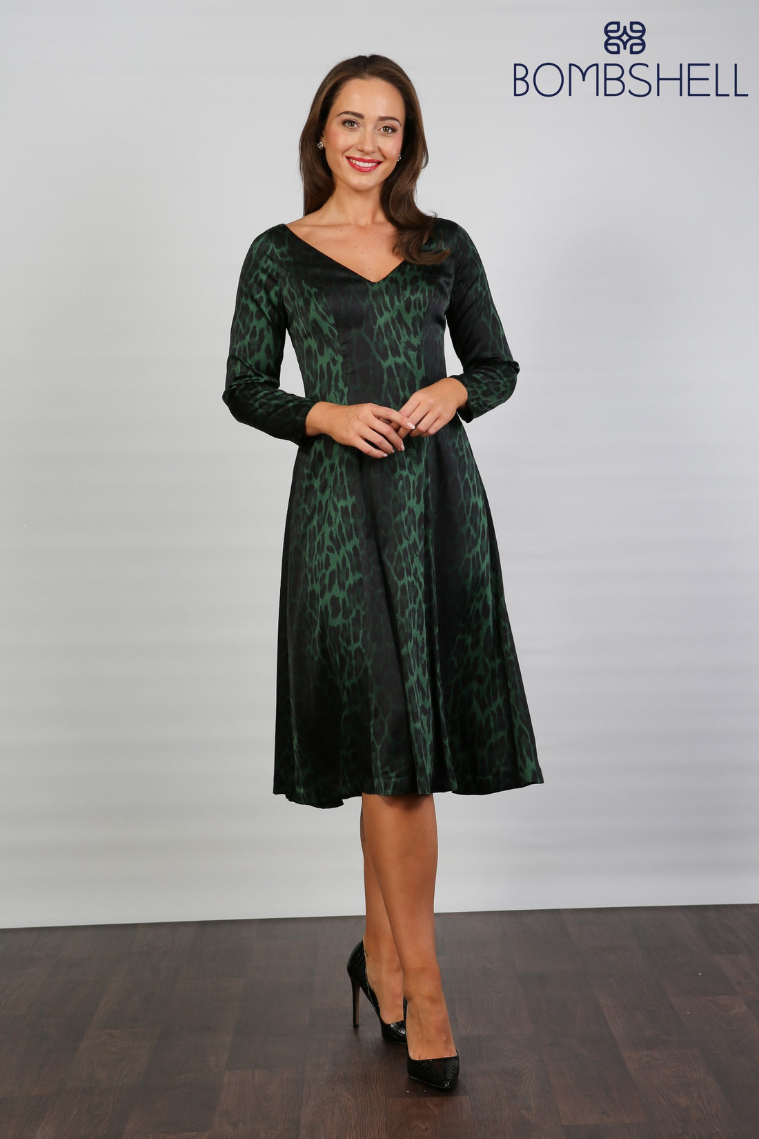 Bombshell Sears Sleek & Sweet Long Sleeve Dress in Green Leopard