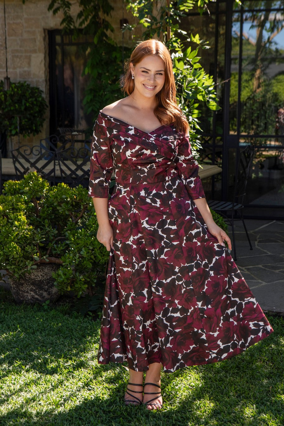 Bombshell Georgia Edge of the Shoulder A-line Dress in Burgundy Roses