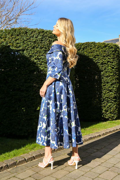 Bombshell Georgia Edge of the Shoulder A-line Dress in Navy Roses