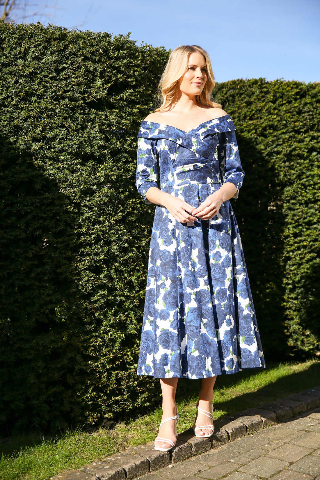 Bombshell Georgia Edge of the Shoulder A-line Dress in Navy Roses