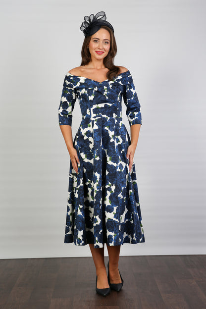 Bombshell Georgia Edge of the Shoulder A-line Dress in Navy Roses
