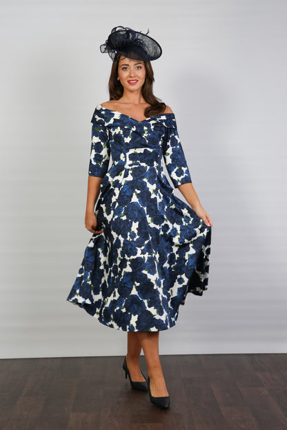 Bombshell Georgia Edge of the Shoulder A-line Dress in Navy Roses