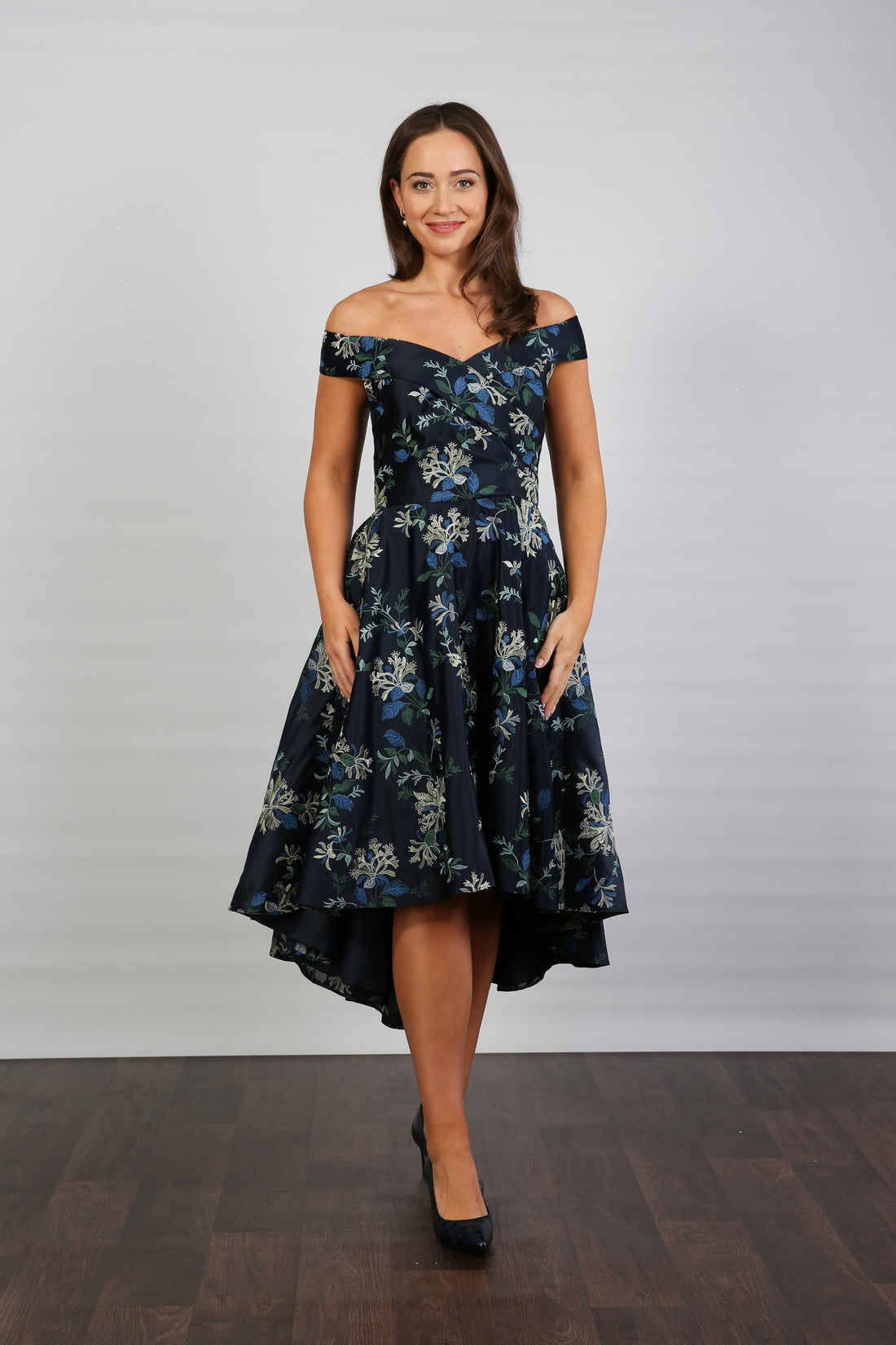 Bombshell Blair Bardot Embroidered High-Low Dress in Navy Honeysuckle