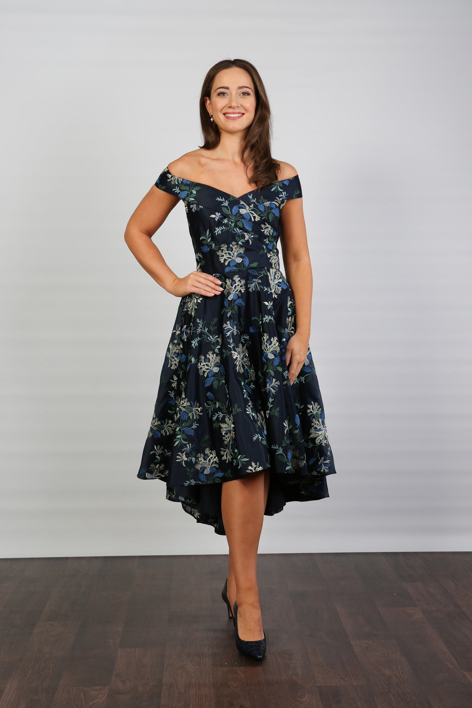 Bombshell Blair Bardot Embroidered High-Low Dress in Navy Honeysuckle