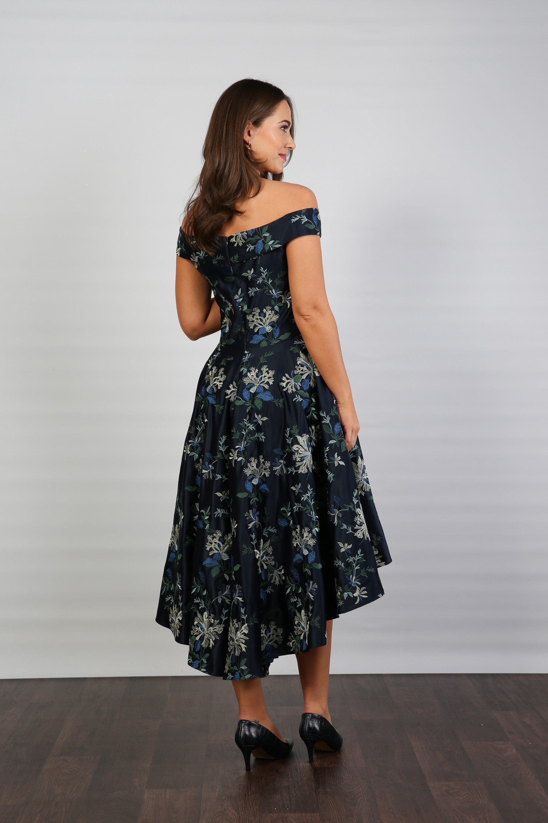 Bombshell Blair Bardot Embroidered High-Low Dress in Navy Honeysuckle