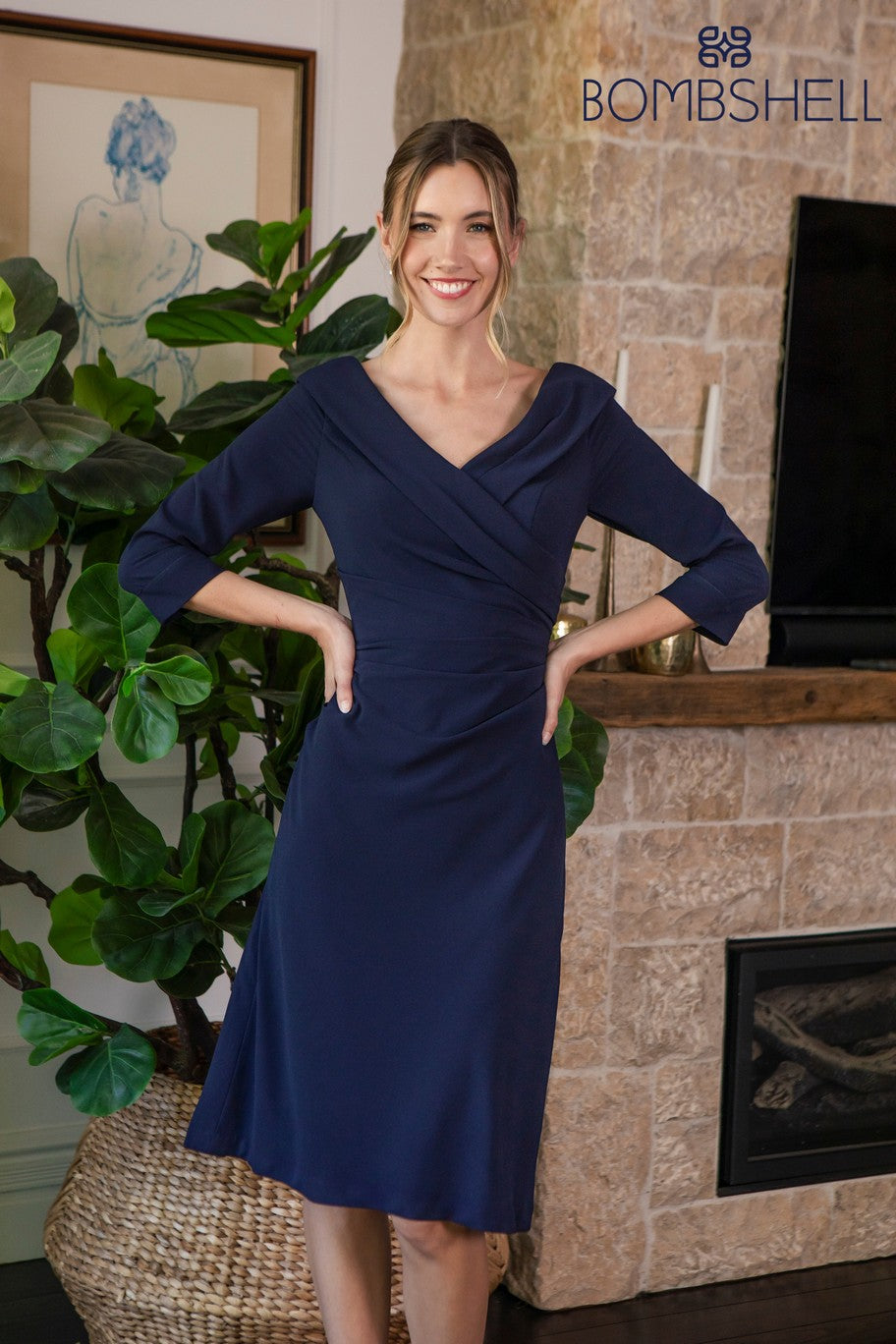 Bombshell Chic Edge Of the Shoulder Dress in Dark Navy Moss Crepe