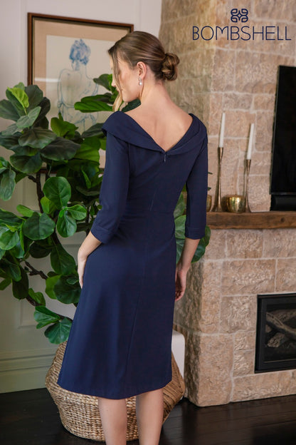 Bombshell Chic Edge Of the Shoulder Dress in Dark Navy Moss Crepe