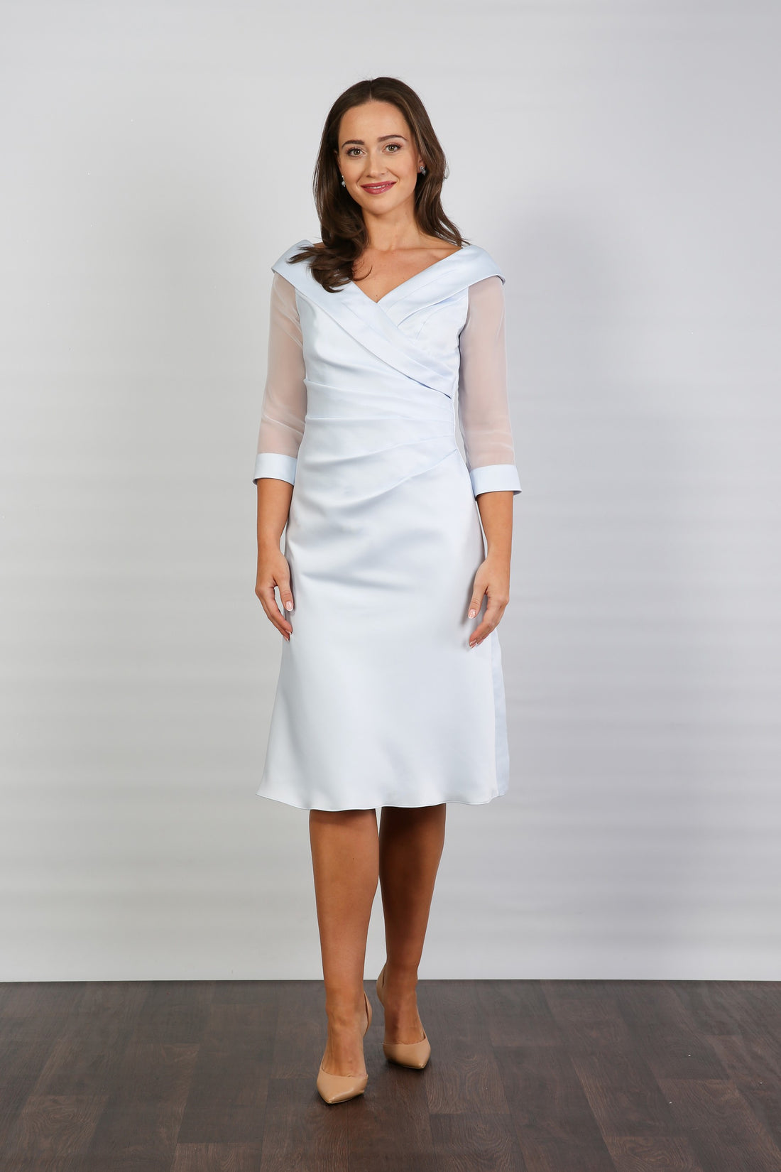 Crystal Pleated Satin Special Occasion Dress in Powder Blue