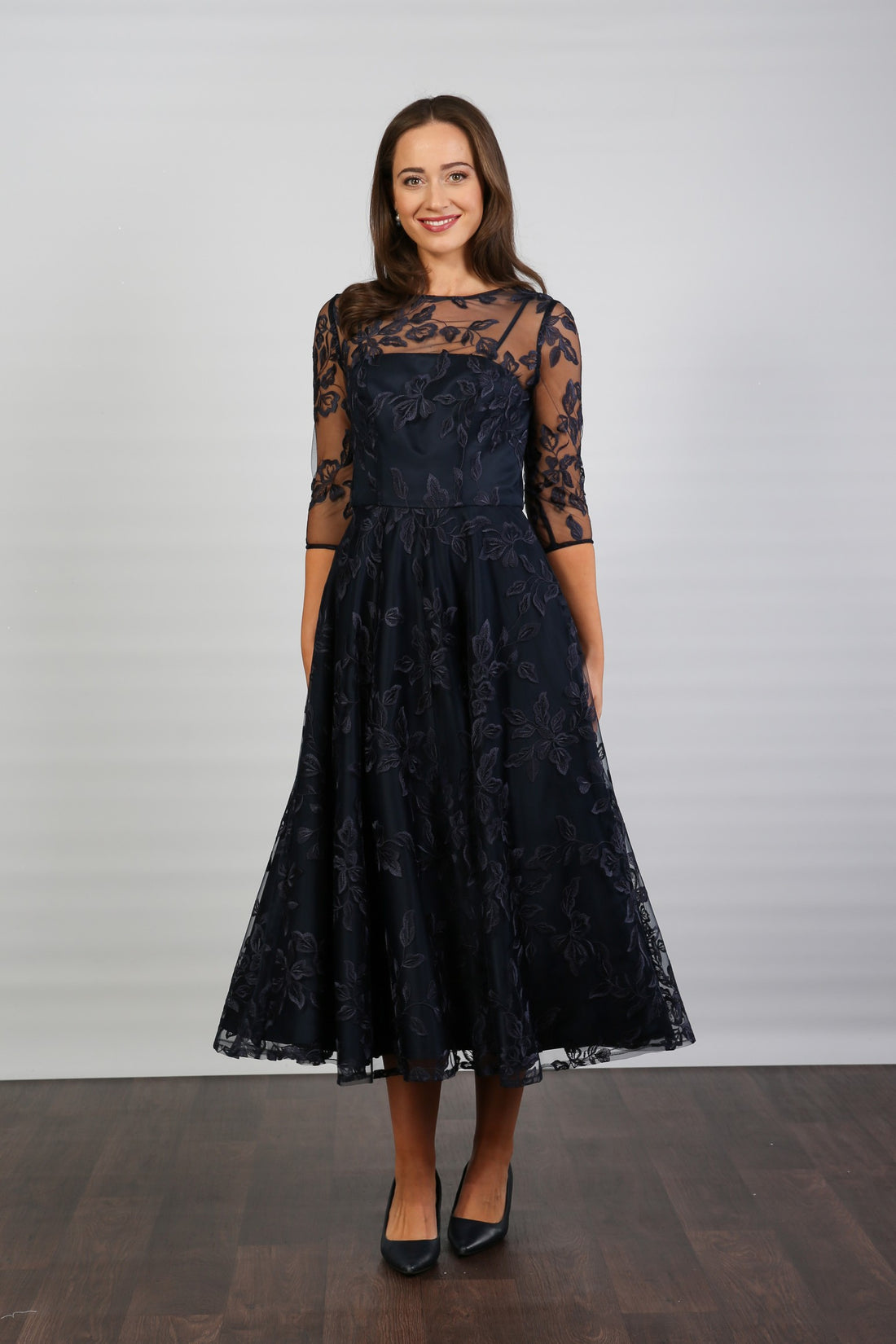 Marilyn Luxe Satin Embroidery Occasion Dress in Dark Navy