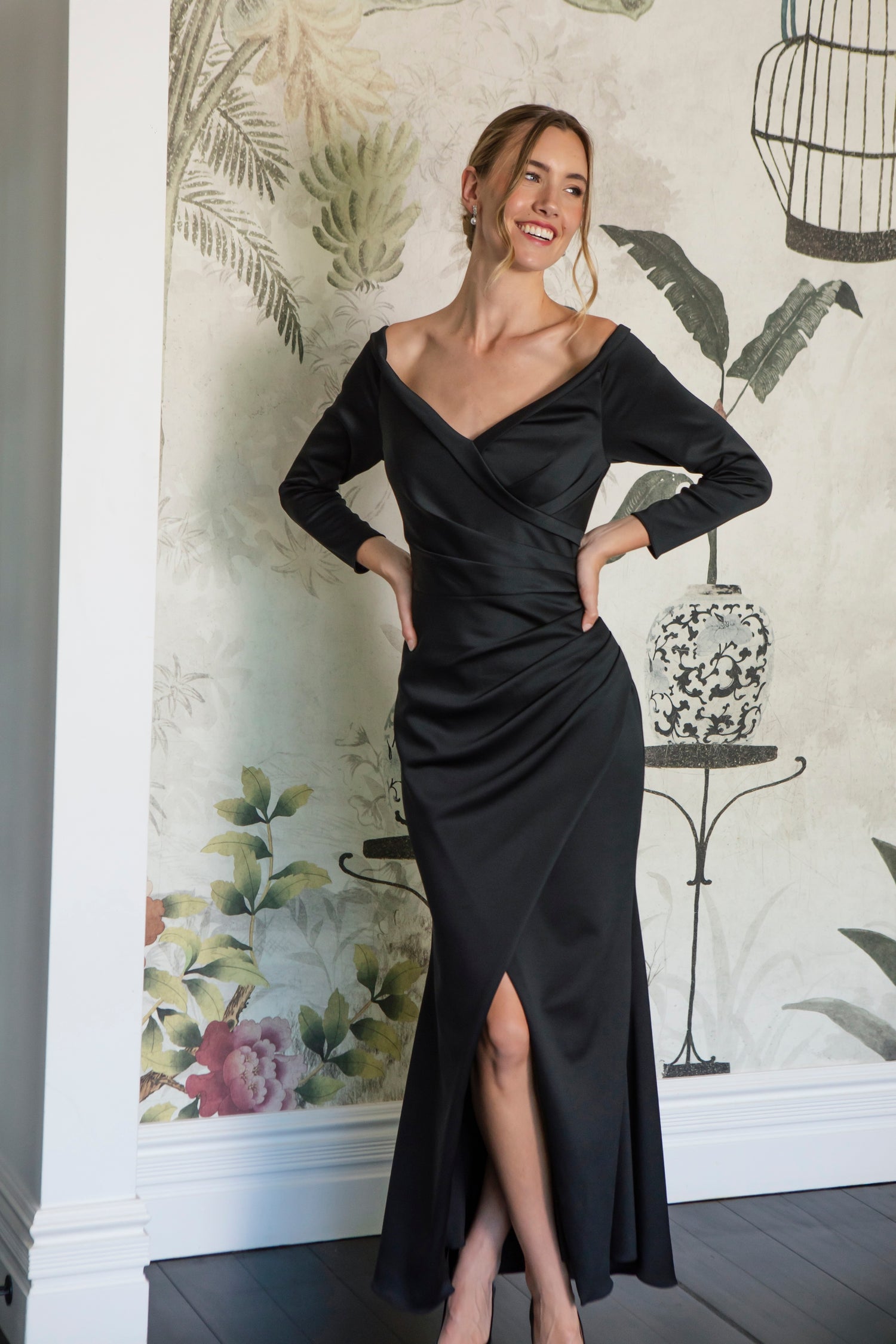Elle Off the Shoulder Stretch Jersey Long Dress in Jet Black