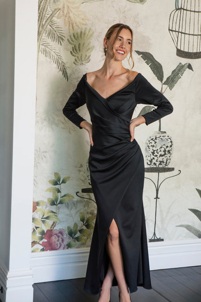 Elle Off the Shoulder Stretch Jersey Long Dress in Jet Black