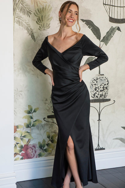 Elle Off the Shoulder Stretch Jersey Long Dress in Jet Black