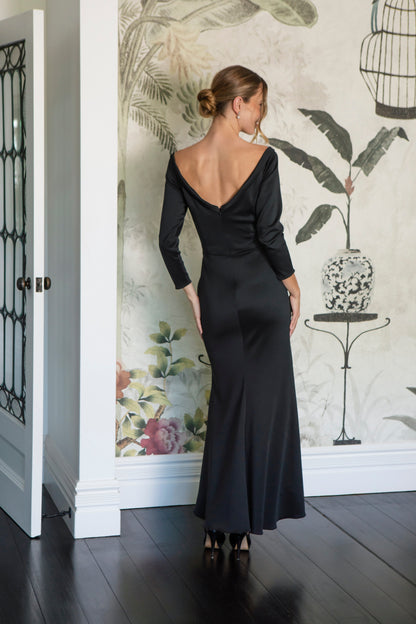 Elle Off the Shoulder Stretch Jersey Long Dress in Jet Black