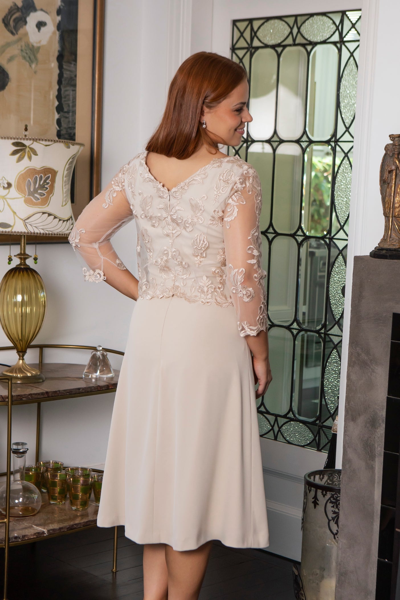 Irina Silky Twill Embroidered Dress in Almond