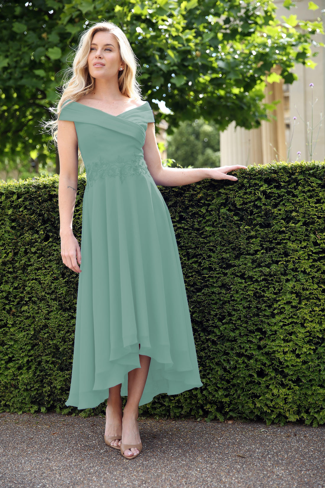 Melina Flowing Chiffon Dress in Dusty Matcha