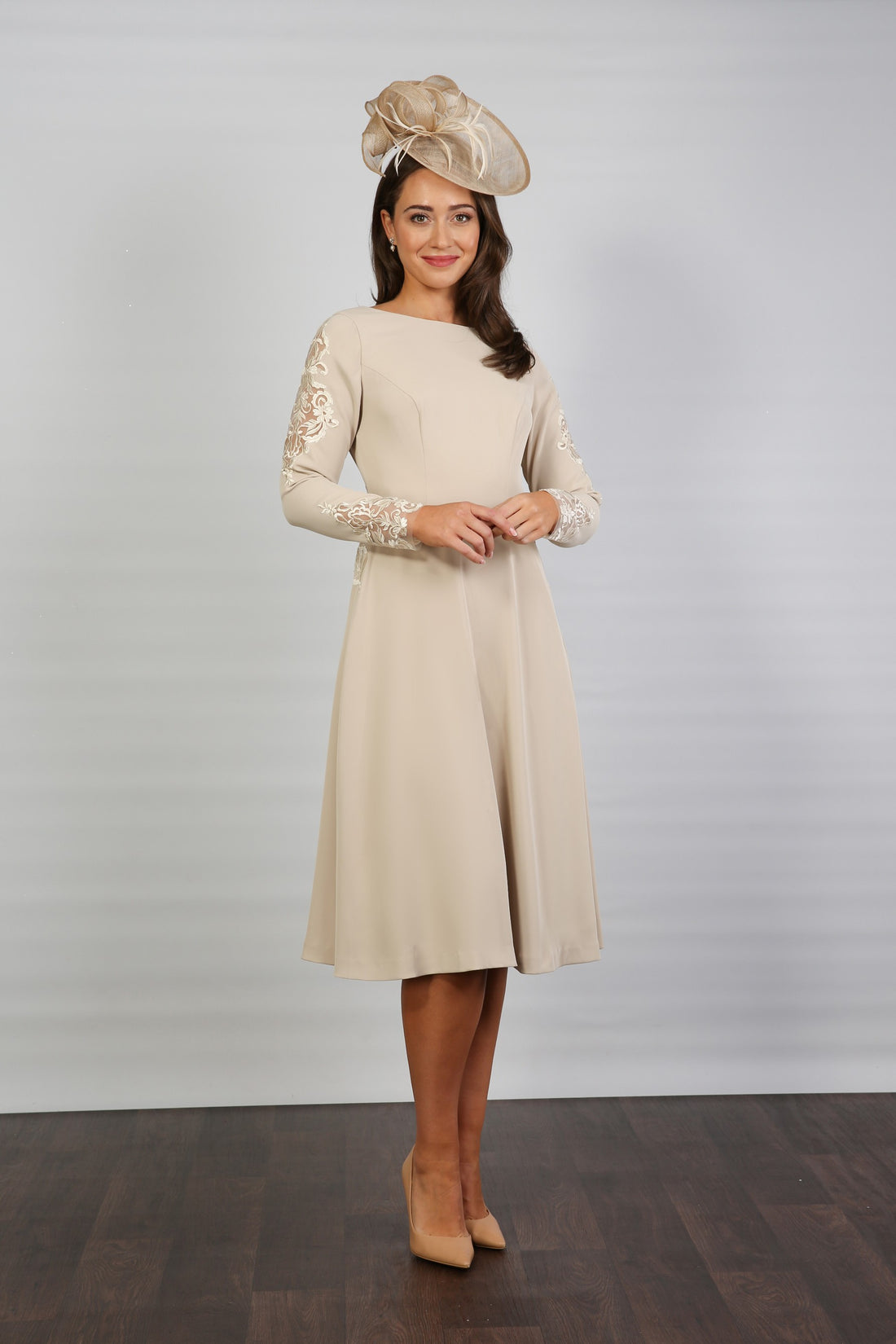Taylor Long Sleeve Occasion Dress in Almond