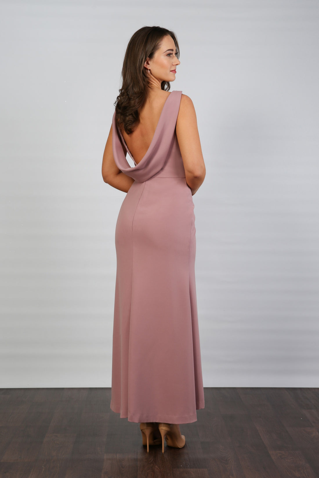 Caleigh Day to Evening Cowl Back Dress in Dusty Rose