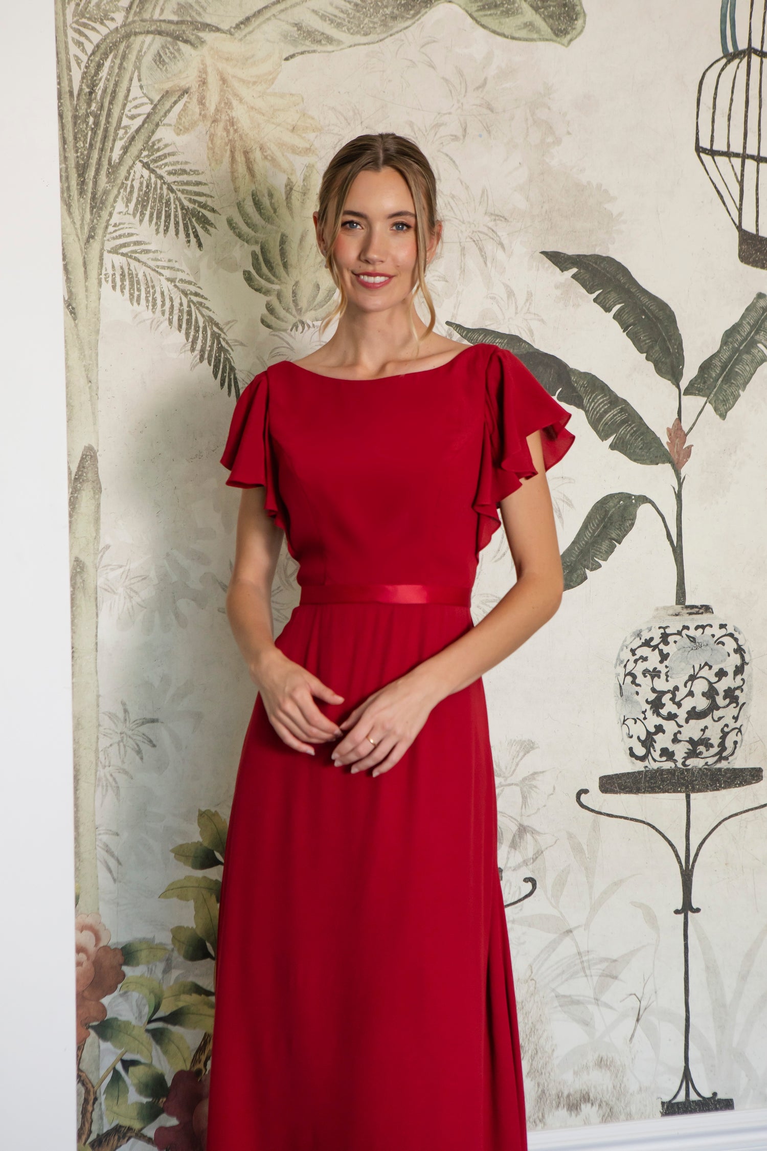 Davaris Flutter Sleeve Dress in Cherry