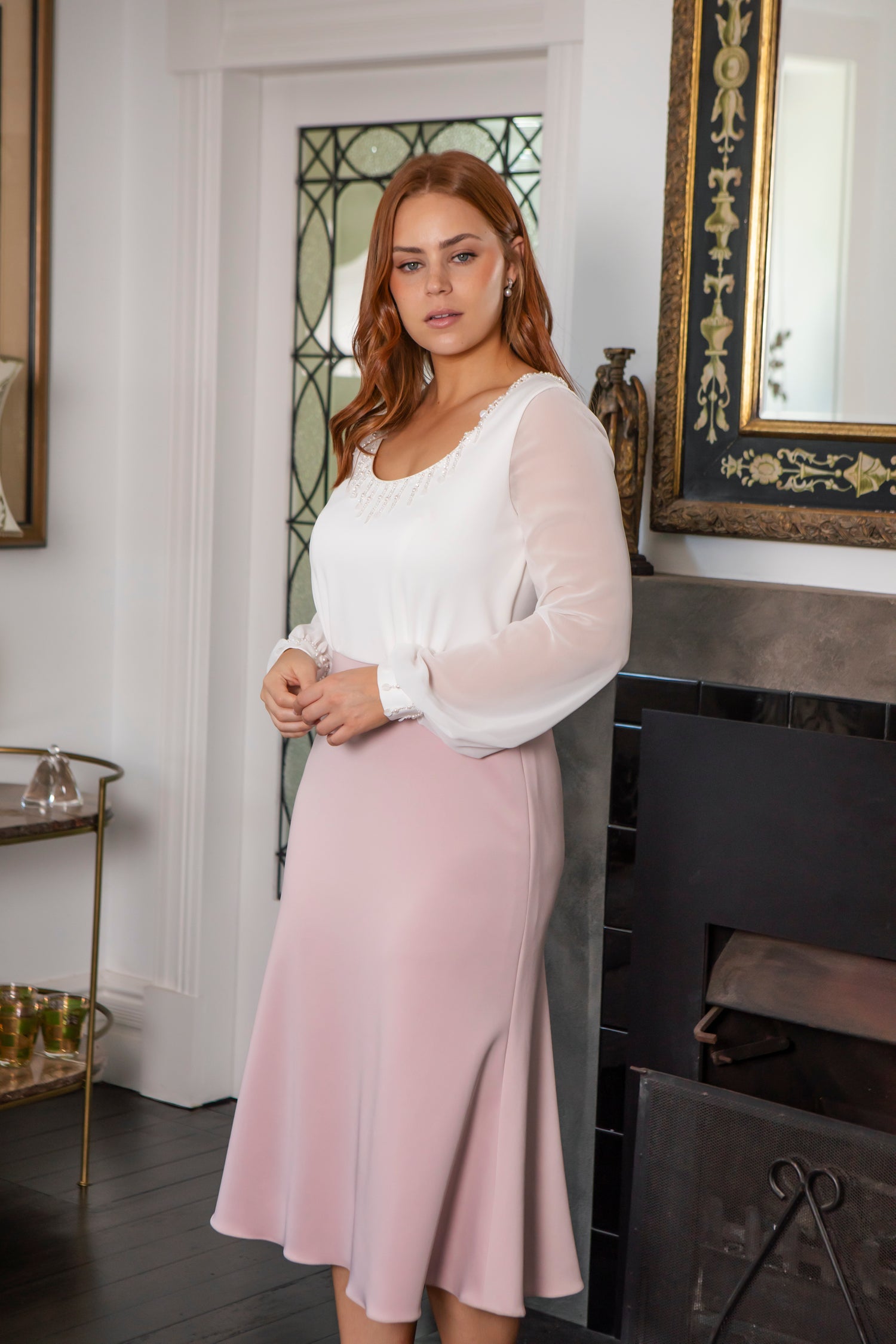 Skylar Fit and Flare Dress with Sleeves in Vanilla/Blush