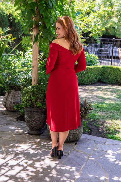 Calista Edge of the Shoulder Dress with Sleeves in Cherry