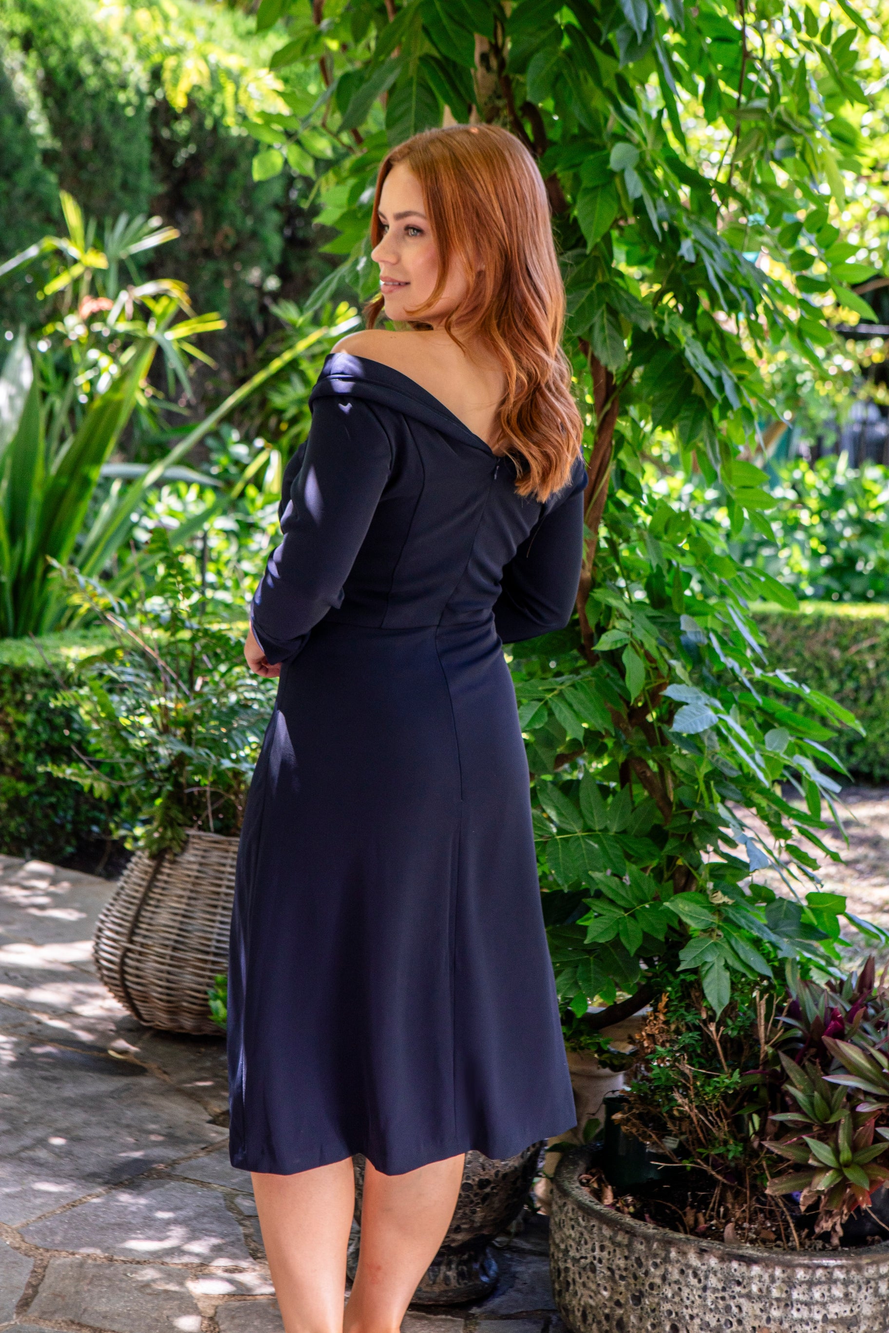 Calista Edge of the Shoulder Dress with Sleeves in Dark Navy