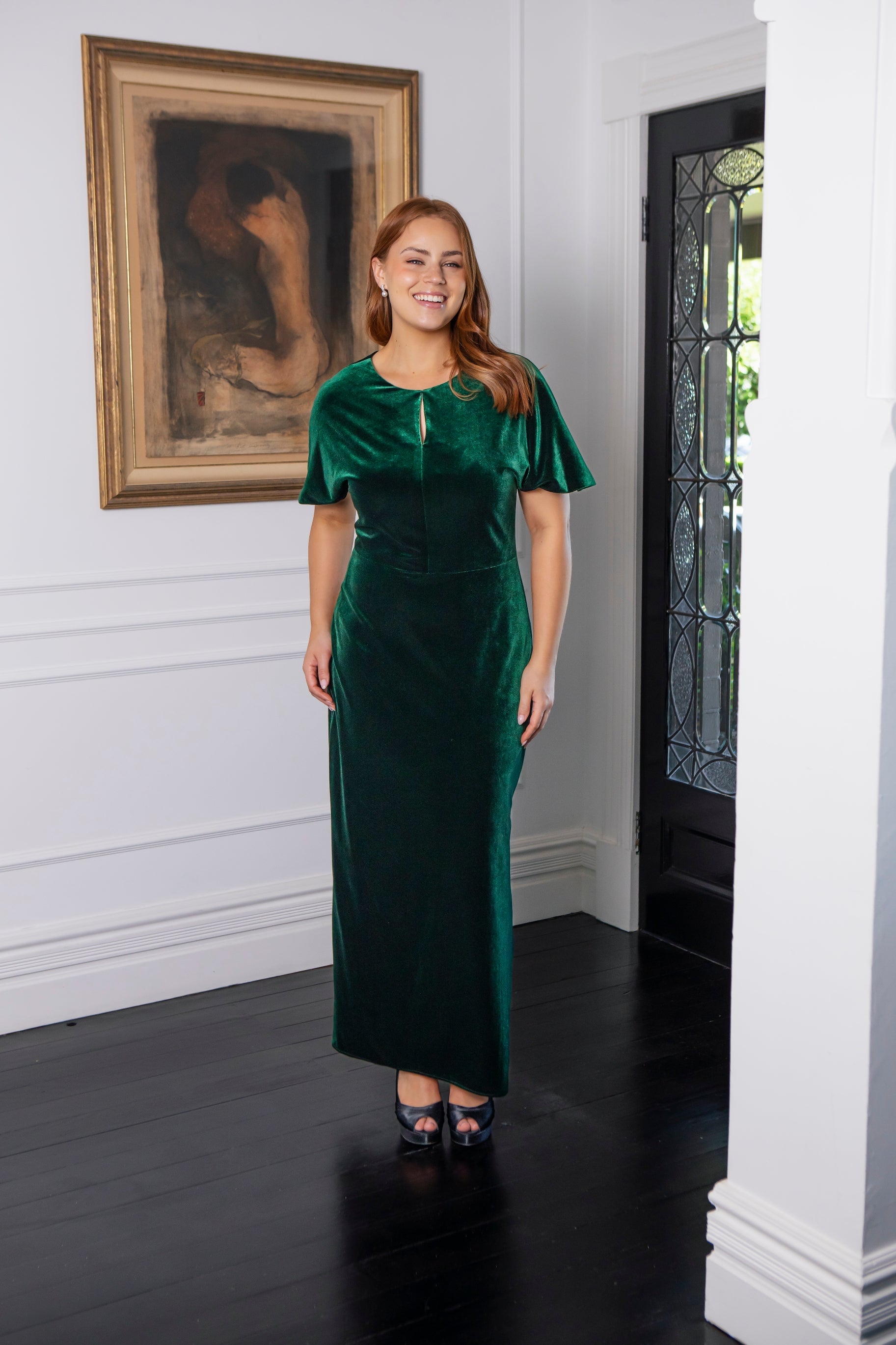 Vivian Long Velvet Dress in Dark Emerald