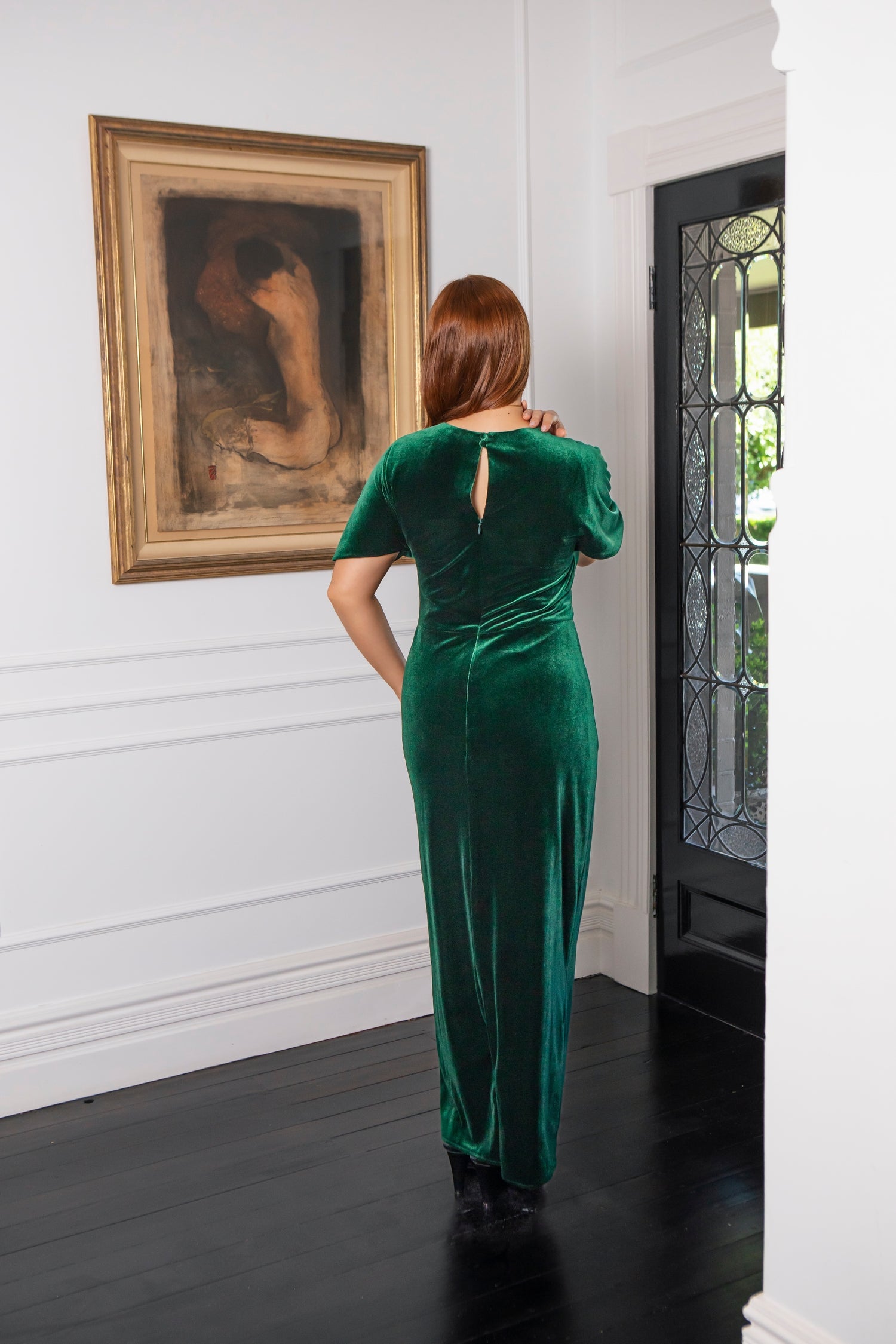 Vivian Long Velvet Dress in Dark Emerald