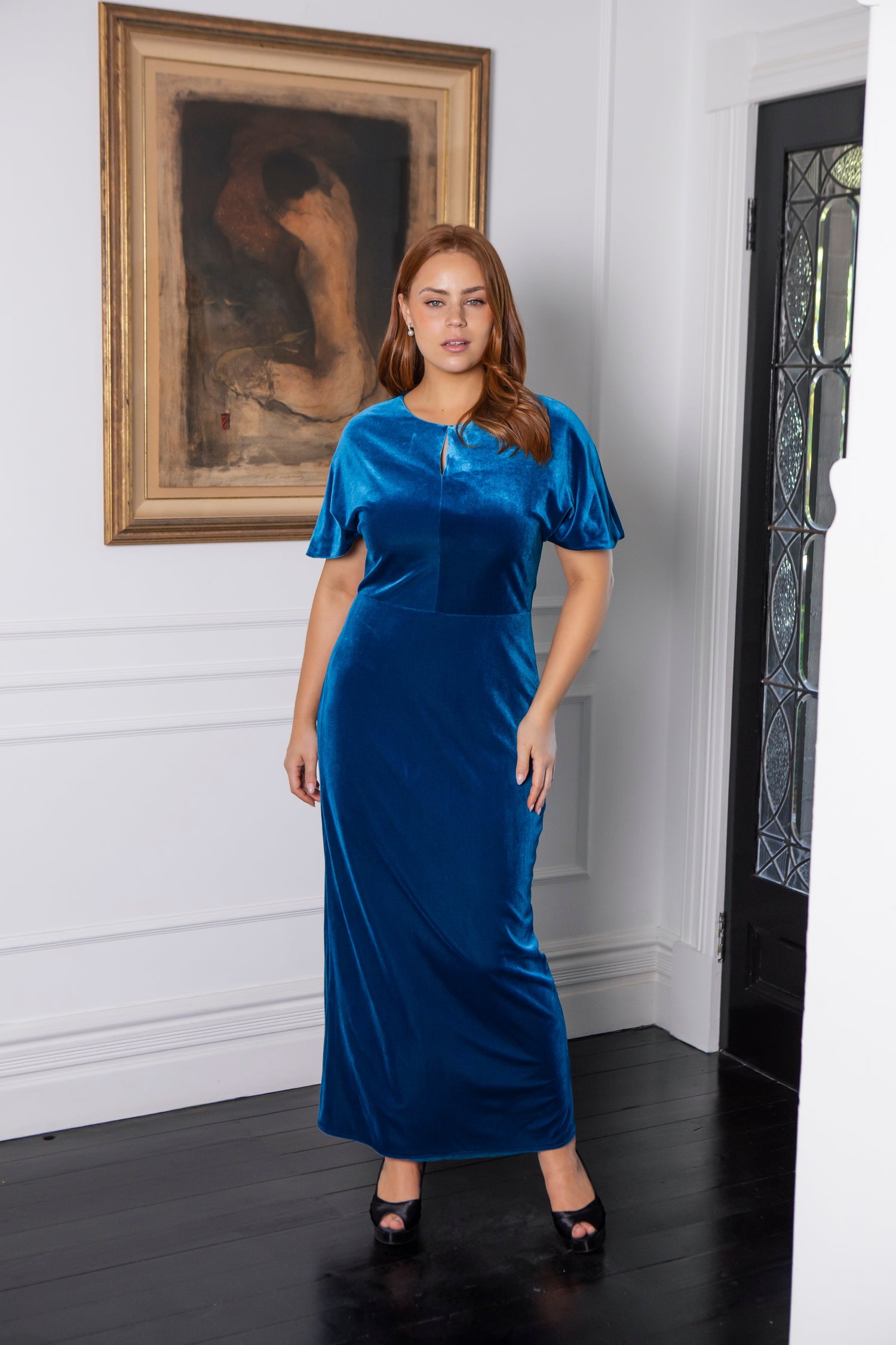 Vivian Long Velvet Dress in Lagoon