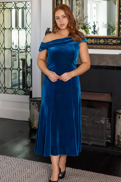 Veronica Asymmetrical Velvet Dress in Lagoon