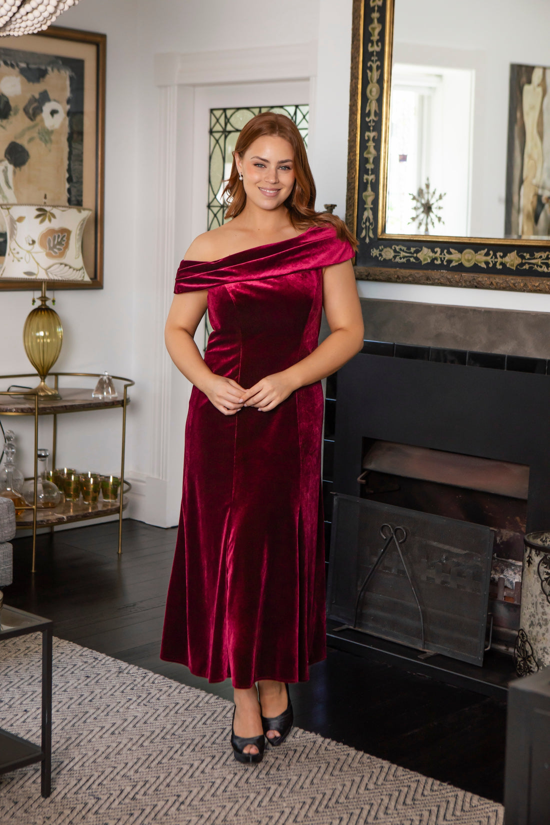 Veronica Asymmetrical Velvet Dress in Rich Berry