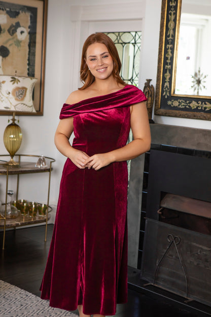 Veronica Asymmetrical Velvet Dress in Rich Berry