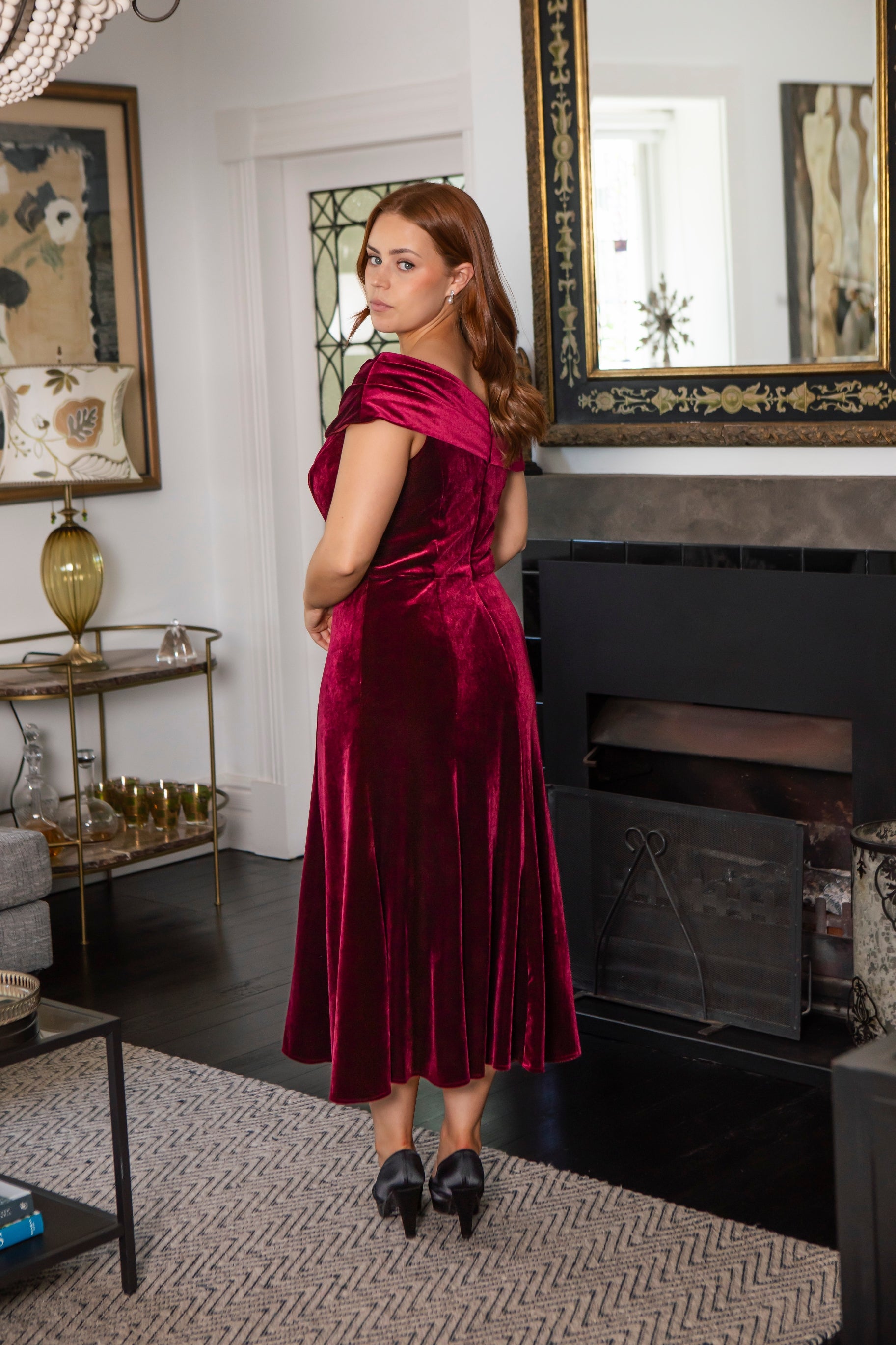 Veronica Asymmetrical Velvet Dress in Rich Berry