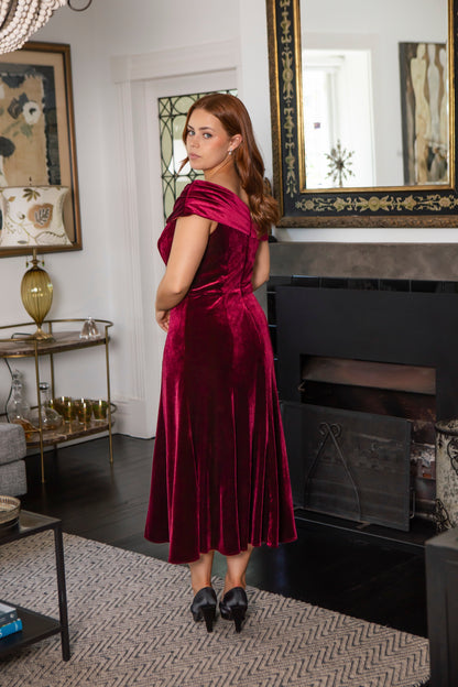 Veronica Asymmetrical Velvet Dress in Rich Berry