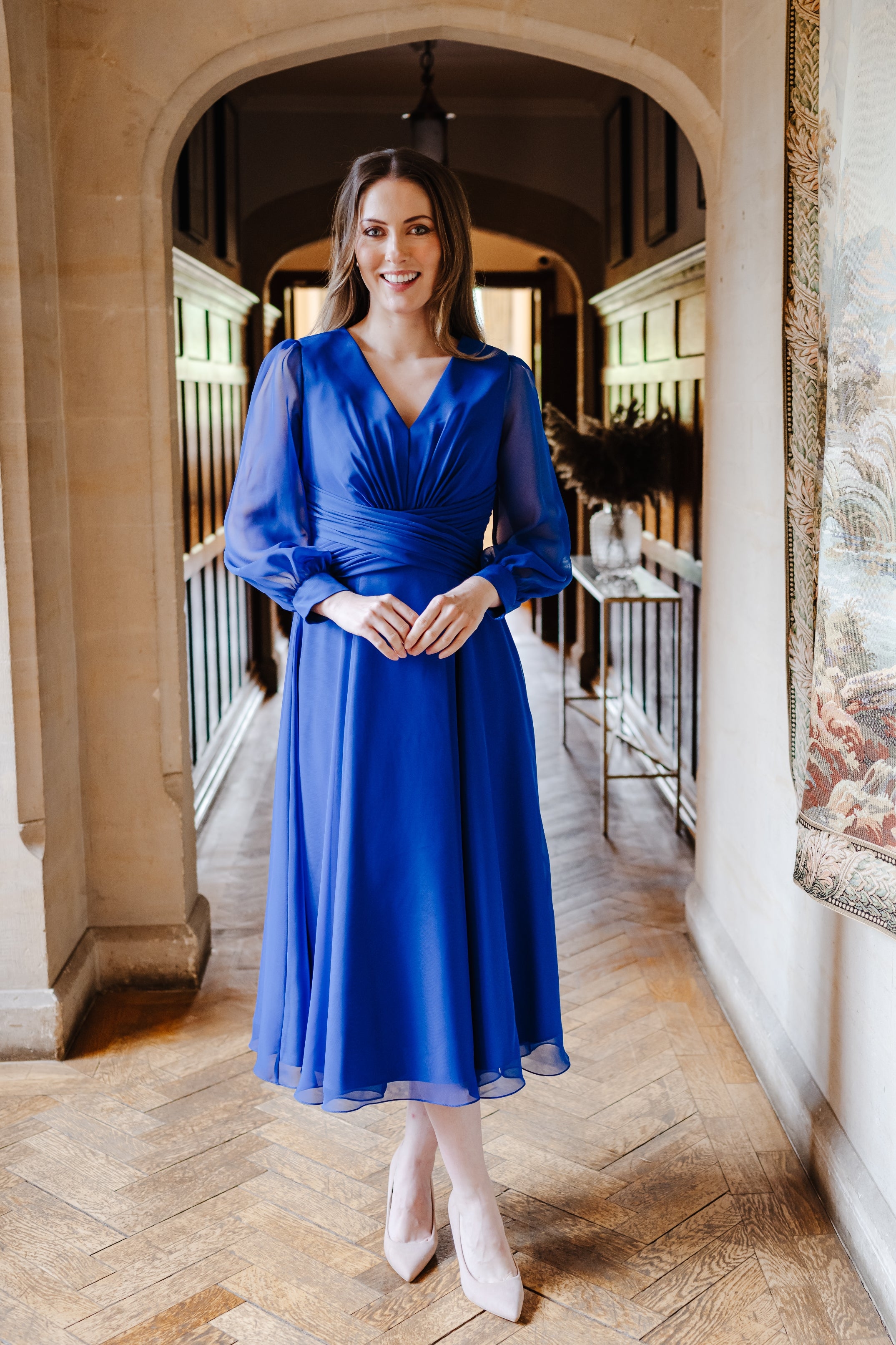 Grace Flowing Chiffon  Dress with Long Sleeves in Electric Blue