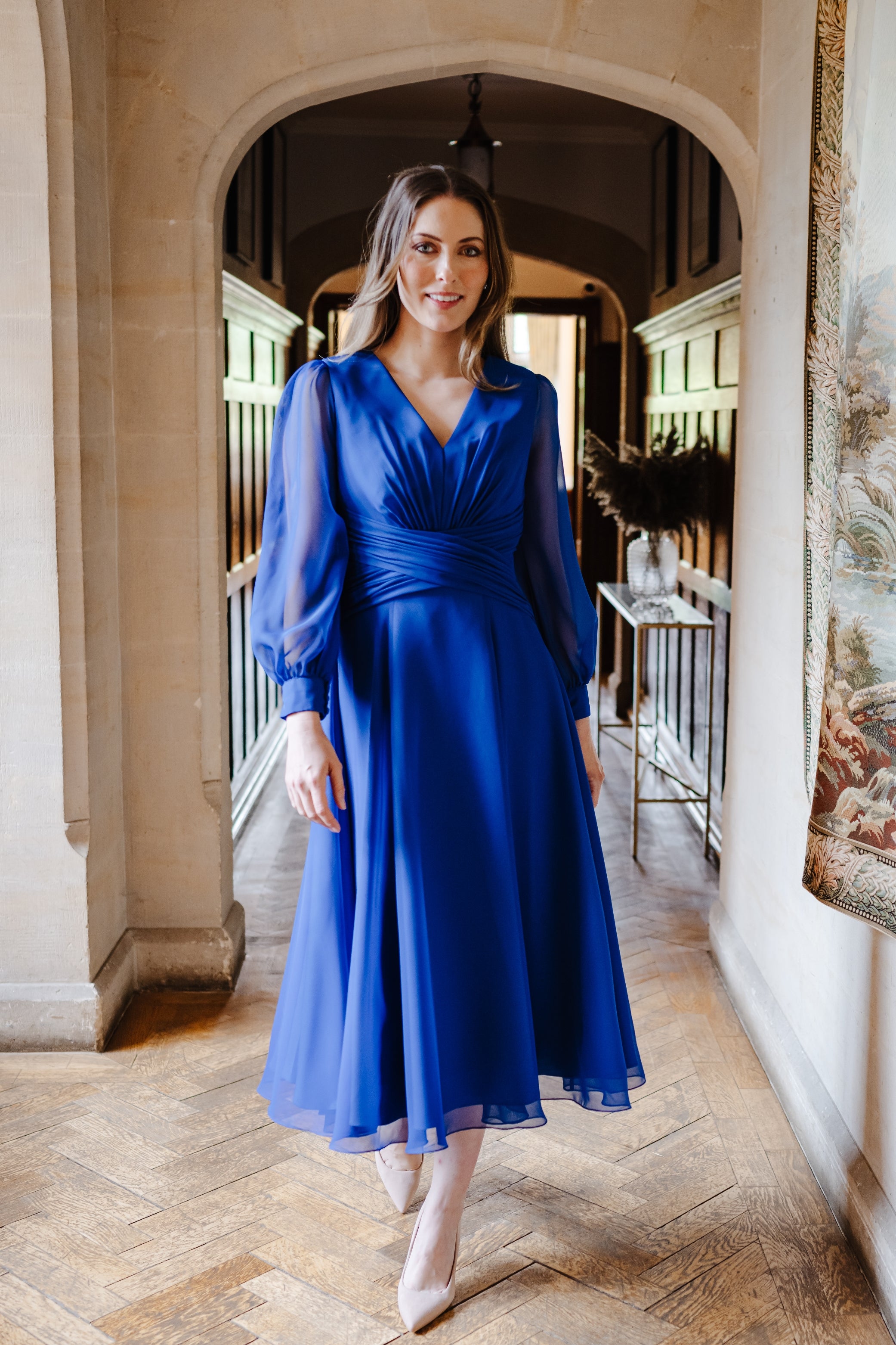 Grace Flowing Chiffon  Dress with Long Sleeves in Electric Blue