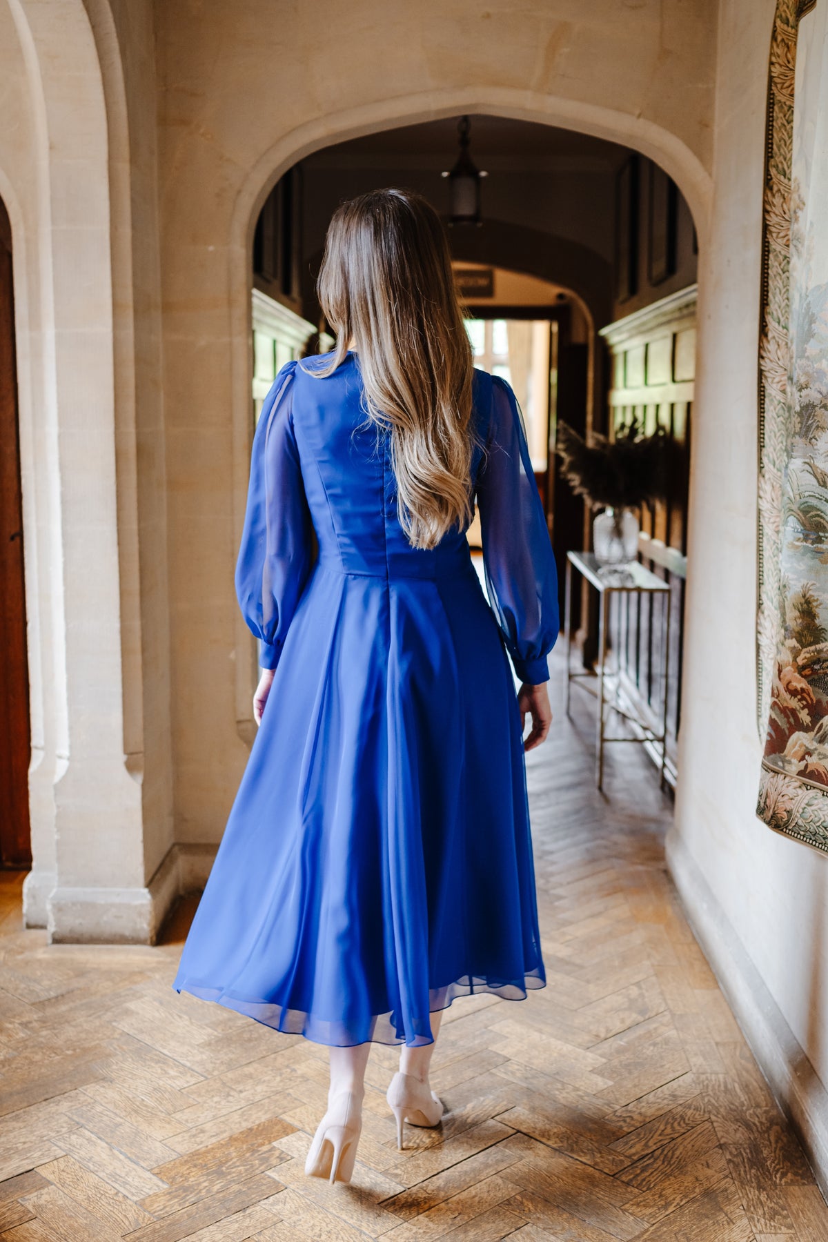 Grace Flowing Chiffon  Dress with Long Sleeves in Electric Blue