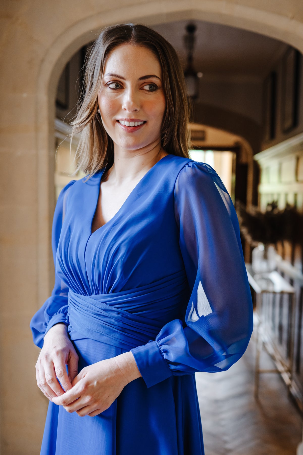 Grace Flowing Chiffon  Dress with Long Sleeves in Electric Blue