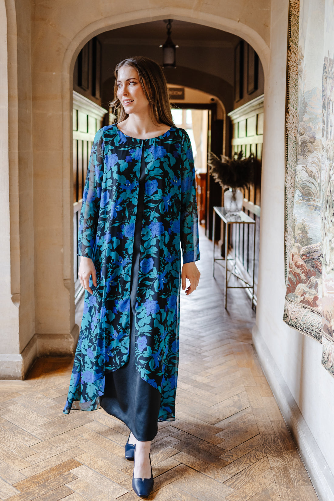 Diane Jersey and Chiffon Ankle Length Dress in Raquel Blue