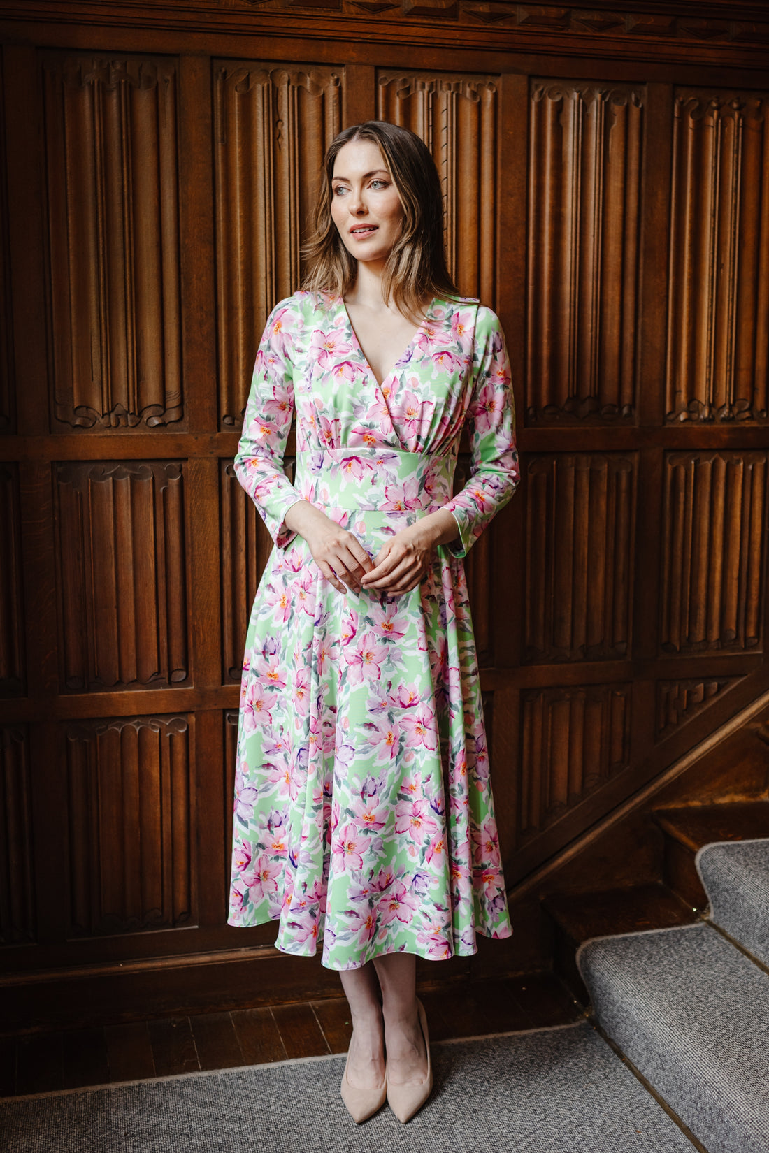 Joyce Smooth Luxe Jersey Dress with Flowing Skirt and Long Sleeves in Clematis