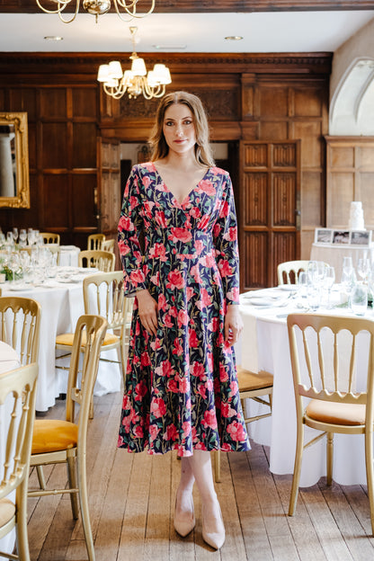 Joyce Smooth Luxe Jersey Dress with Flowing Skirt and Long Sleeves in Tanya Roses