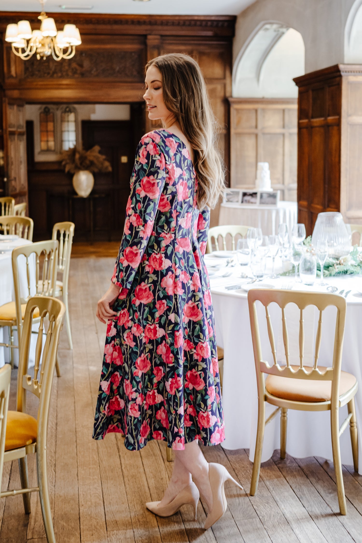 Joyce Smooth Luxe Jersey Dress with Flowing Skirt and Long Sleeves in Tanya Roses