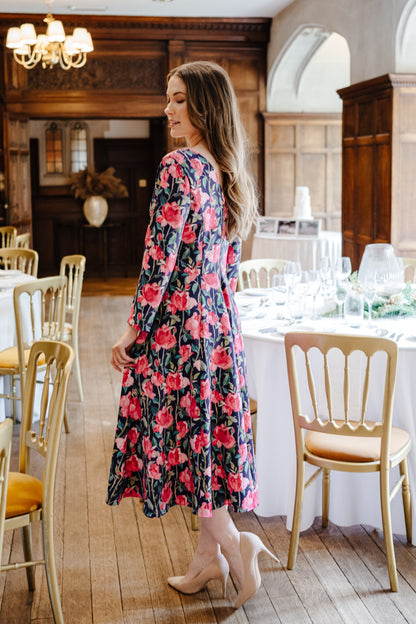 Joyce Smooth Luxe Jersey Dress with Flowing Skirt and Long Sleeves in Tanya Roses