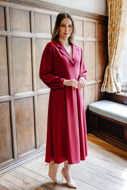 Danielle Relaxed Fit Moss Crepe Dress with Long Sleeves in Rouge Royal