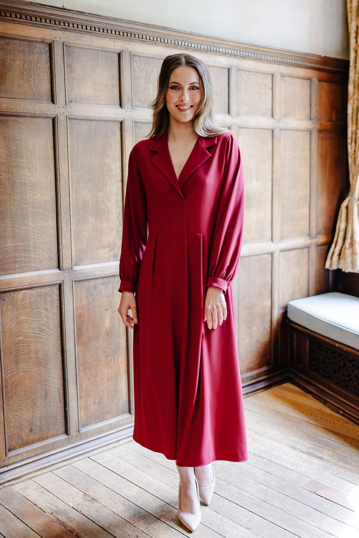Danielle Relaxed Fit Moss Crepe Dress with Long Sleeves in Rouge Royal