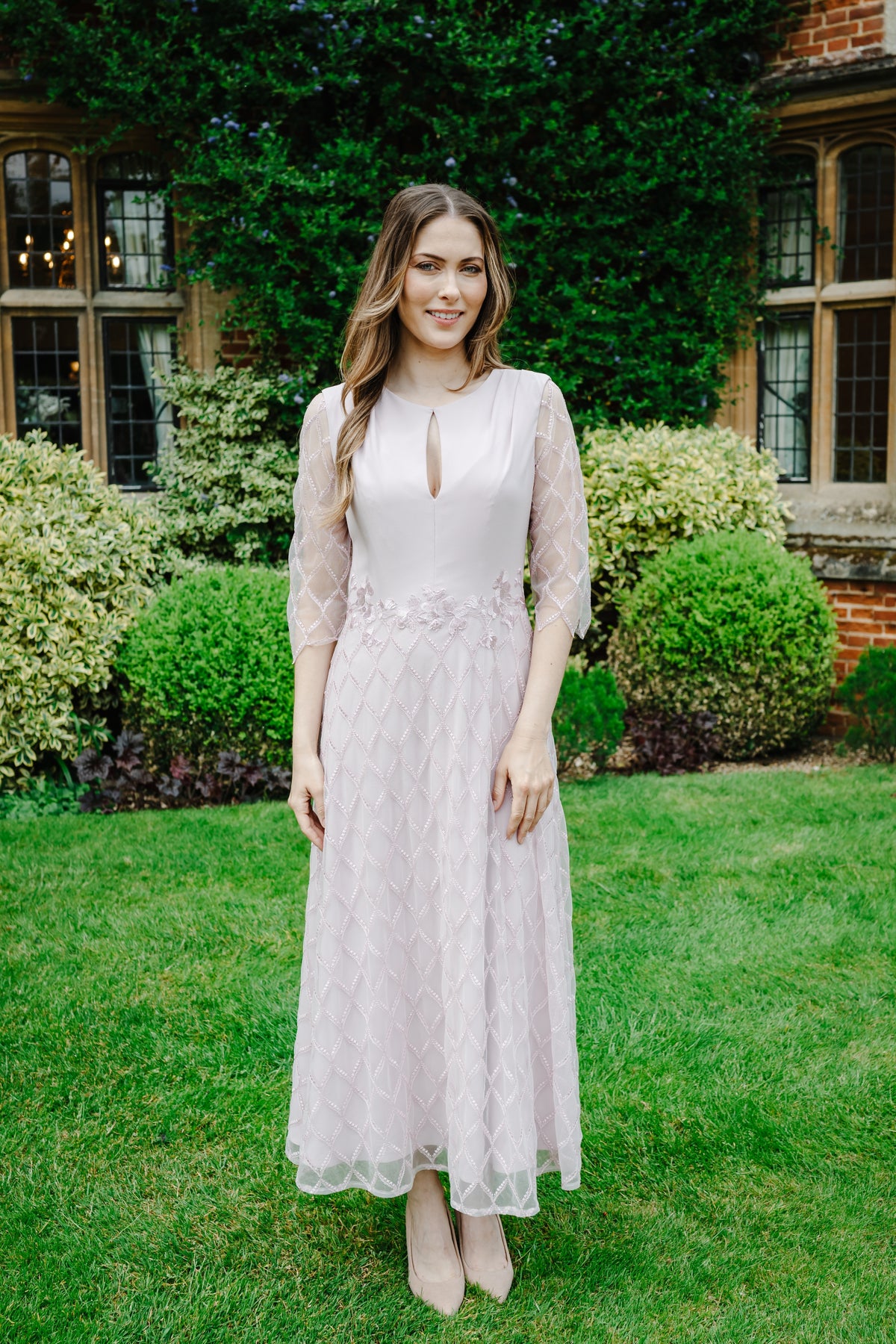Rianne New Soft Embroidered High Neck Dress in Blush