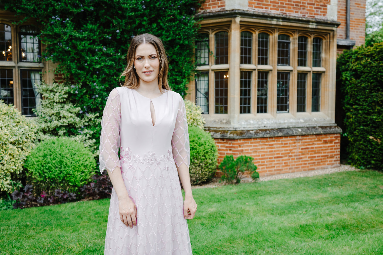 Rianne New Soft Embroidered High Neck Dress in Blush