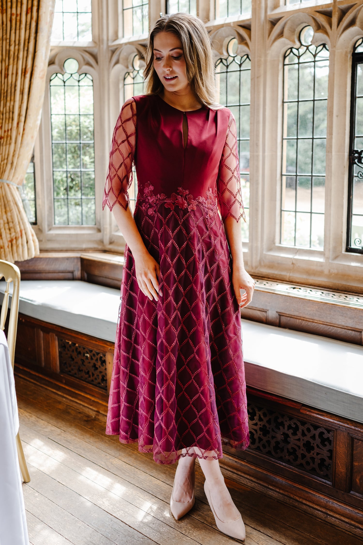 Rianne New Soft Embroidered High Neck Dress in Ruby